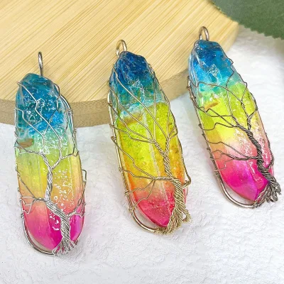DIY Color-Plated Copper Wire Pendant Necklace with Love Theme Engraving Wrapped Tree Life Crystal Column