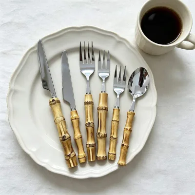 Wholesale Natural Bamboo Handle Stainless Steel Flatware Set Vintage Antique Western Knife Fork Spoon for Restaurant Hotel