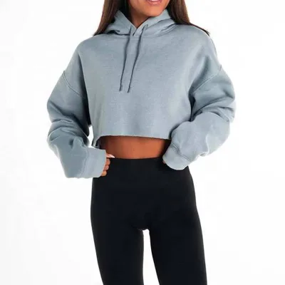 Autumn and Winter Short Plus Velvet Wide Truffle Navel Hooded Sweatshirt for Women