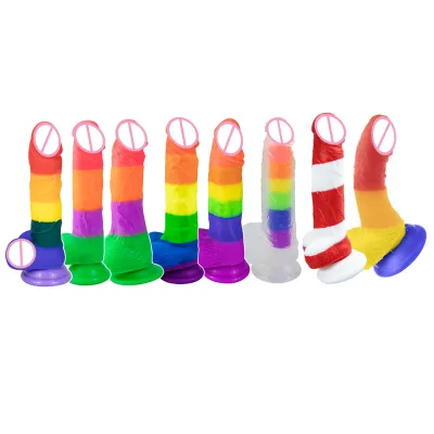 Rainbow Dildo Realistic Huge Silicone Colorful Dildo with  Suction Cup for Female Masturbation