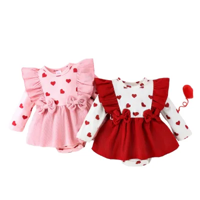 2025 Infant Girls Valentine's Day Romper Dress Newborn Baby Girl Sweet Heart Printing Lace Decoration Free Headband Plaid Woven