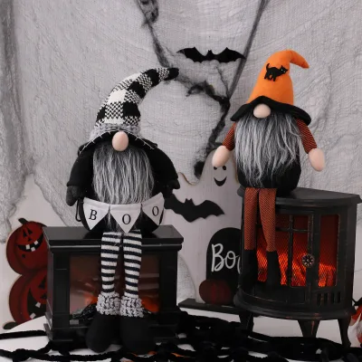 Halloween Long-Legged Gnome Plush Doll with Black Cat Hat Spooky Faceless Gnome Figurine for Halloween Party Decor