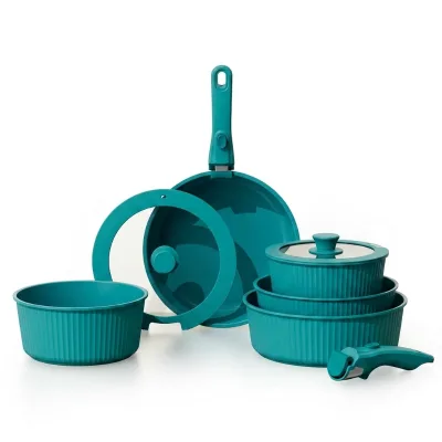 Modern Sea-blue 9 Pieces Nonstick Cookware Set with Detachable Handle