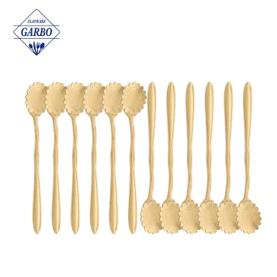 Creative PVD Gold Sun Flower Design Stainless Steel 410 Coffee Spoon Wholesale Food Grade Metal Tea Measuring Spoon Cutlery Set
