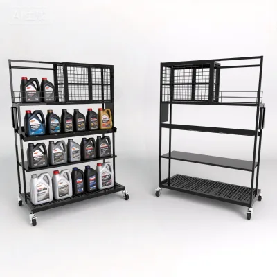 OEM Gas Station Large Capacity Black Steel Engine Oil Stand Motor Oil Display Rack Portable Lubricating Oil Retail Display Racks