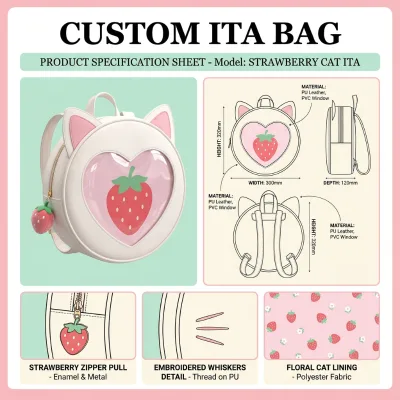 Kawaii White PU Strawberry Cat Ita Bag Heart Shaped PVC Window Embroidered Whiskers Enamel Zipper Pull Pin Display Backpack