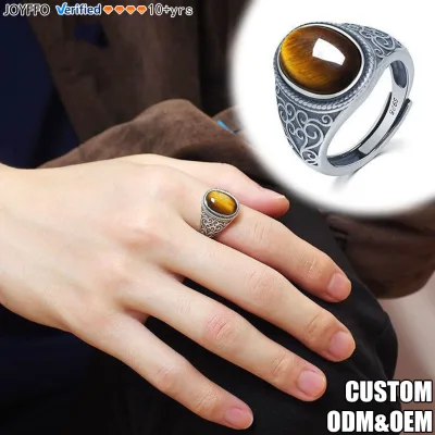 Vintage Tiger Eye Ring Casting Copper Ring Adjustable Oval Gemstone Natural Stone Rings for Men