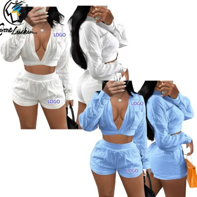 Summer Hot Selling Women 2 Piece Set Deep V-neck Crop Top and Short Pant 2 Piece Set Solid Loose Casual XS Size Women' s Set