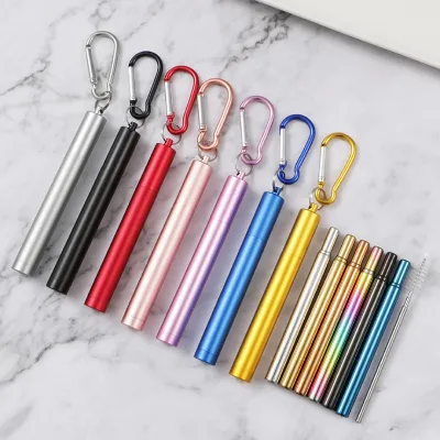 Stainless Steel Straws Reusable Foldable Stainless Steel Collapsible Telescopic Metal Drinking Straw With Aluminum Case Keychain