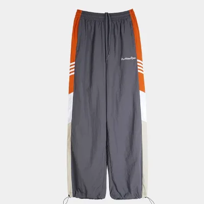 Vintage American Style Women's Casual Pants with Mid Waist Flat Front Contrast Color Drawstring Loose Waterproof for Outdoor Use