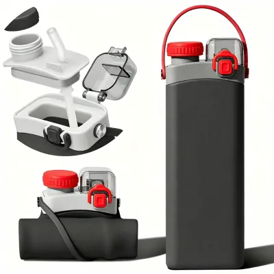 Collapsible Silicone Water Bottle Double Lid Dual Mouth 600ml Foldable Sports Water Bottle With Straw Portable Drinking Bottle