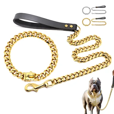 Gold Chain Petstar Dog Collar Hardware Heavy Duty Stainless Steel Pet Cuban Link Pitbull Dog Collar Chain Dog Collar and Leash
