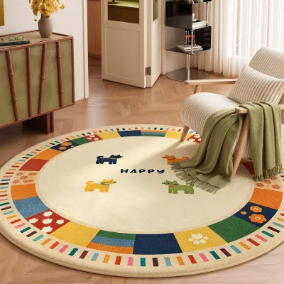 Cute Round Rug with Colourful Block Borders ,a Non-shedding Decorative Rug, Ideal for Nurseries and Living Rooms