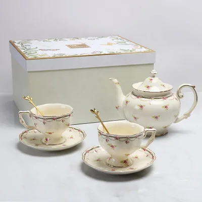 Tea Set for Gifts Pattern Ceramic Promotes European Customized Lace Blue Color Box Coffee & Tea Sets Nordic