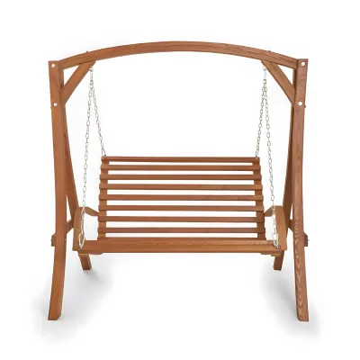 Wooden Swing Seat 2 Person Swing Chair Slatted Design Natural Swing Set for Patio Terrace Balcony & Outdoor