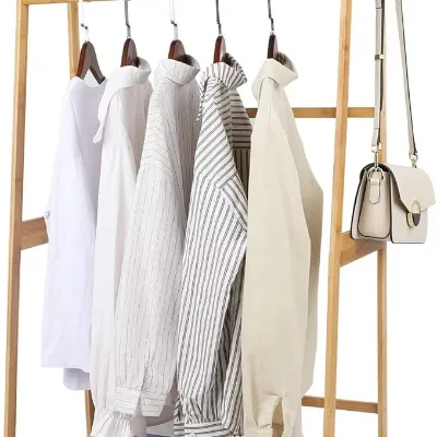 Freestanding 2-Tier Bamboo Garment Rack Natural Bamboo Clothes Hanger Stand with Double Storage Shelves for Entryway Bedroom