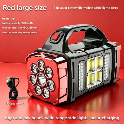 Multifunctional Solar Handheld Flashlight with Power Bank USB Rechargeable LED IP44 Rated Dimmable Red/Yellow Light