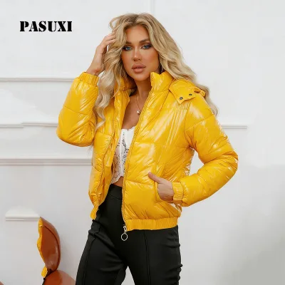 PASUXI Womens Eco-Friendly Breathable Waterproof Shiny Puffer Jacket Hooded Windproof Alternative Winter Warm Glossy Bubble Coat