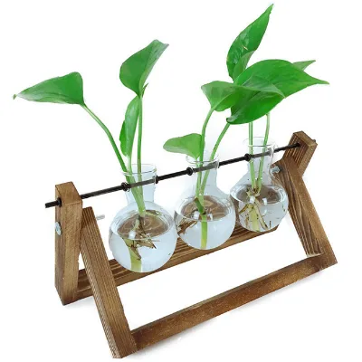 HOT Plant Terrarium With Wooden Stand Wall Hanging Glass Planter Tabletop Propagation Bulb Vase for Hydroponics Plant Home Decor