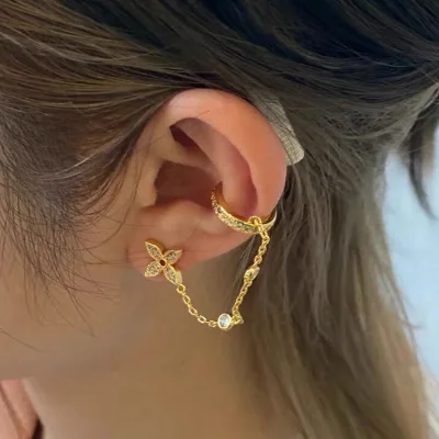 European American Vintage Chic Personalized High-end Zircon Stud Earrings Four-leaf Clover Chain Tassel Ear Cuff New Arrival