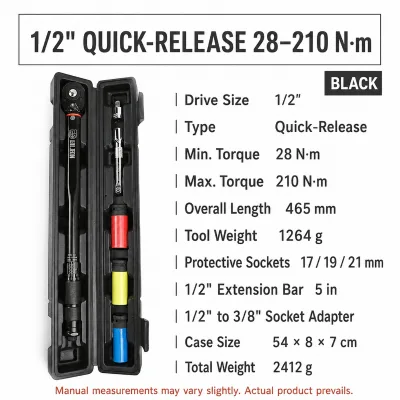 Black 1/2" Drive Quick-Release Torque Wrench Set 28–210 N·m with 17/19/21mm Protective Sockets
