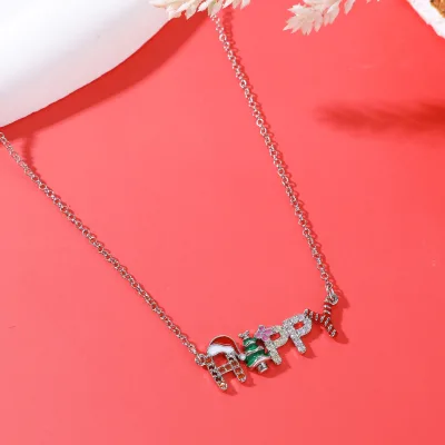SC Wholesale Christmas Necklace Fashion Christmas Tree Hat Necklace Creative Diamond Happy Initial Pendant Necklace for Women