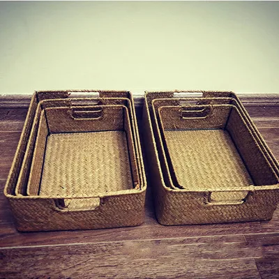 Wholesale Hand-woven Creative Storage Seagrass Storage Box Basket Pots With Handles