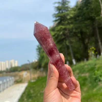 Natural Strawberry Quartz Wand Polished Crystal Point Tower Healing Chakra Meditation Energy Stone Home Decor Ornament Gift