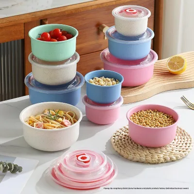 Wheat Straw Three-piece Insulated Sealed Plastic Preservation Bowl Set for Household Refrigerator Outdoor Use Minimalist Design