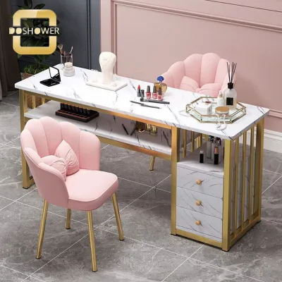 Pedicure White Wood Manicure Table Set with Marble Standalone Stain Resistant for Customized Size 3 Drawers Nail Desk Package