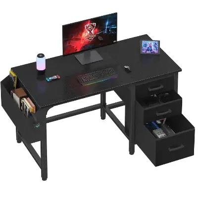 Home Office Black PC Desk with Drawers Cabinet Wooden Small Space Gaming Study Writing Table Metal Computer Desk 47-Inch