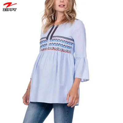 New Women Bohemian Holiday Style Blouse Lady Printing O-neck Long Sleeve Pregnant Women Breastfeeding Shirt