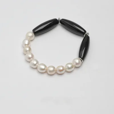 Natural Freshwater Pearl Thread Beads Bracelet with Black Agate and Crystal Unisex Gift Jewelry