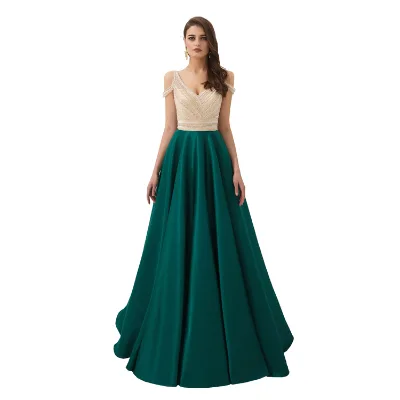 Party Dress Evening Woman V Neck Beaded Off Shoulder Long Evening Dresses