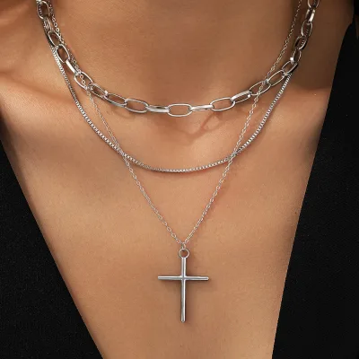 Fashionable Ladies, Multi-layered Cross Pendant, Simple and Retro Box Chain, Stacked Stainless Steel Necklace, Factory Wholesale
