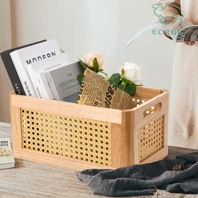 Rattan Storage Baskets for Shelves Rectangle Wicker Box for Organizing Wood Woven Storage Baskets with Handles Decorative