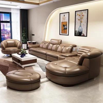 Sectional Sofa Set with Ribbed Nappa Leather Modular Ottoman Swivel Chair Console Speakers Cup Holders Living Room Couch Canape
