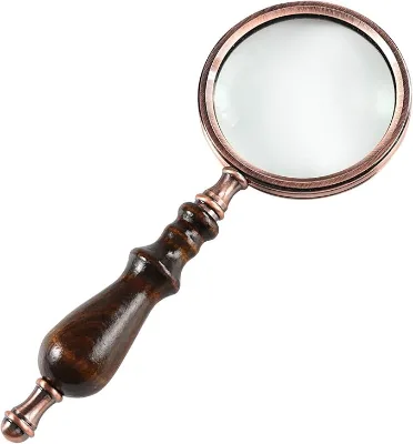 Antique Copper 10X Handheld Reading Magnifier with Wooden Handle for Elderly and Macular Degeneration Real Glass