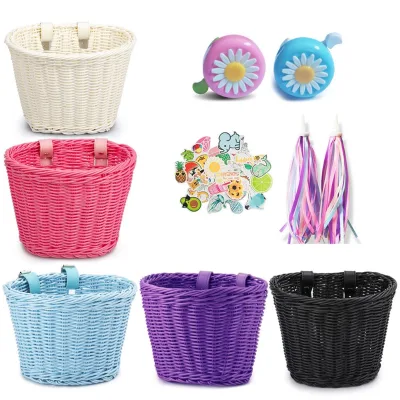 Istaride Kids Bike Handwoven Cycling Basket Front Handlebar Cargo Pannier Bell Tassel Stickers Set Blue Polyester Durable Large