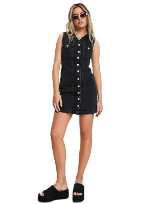 Custom Women'S Y2K Style Sexy Slim Fit V-Neck Sleeveless Black Washed Denim Dresses Women Summer Cheap Black Skirts