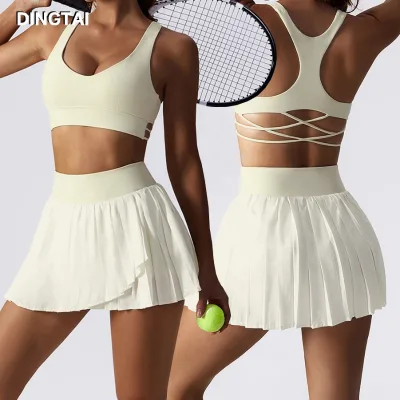 New Design Sports Bra Skirt Quick Drying Sexy White Gym Fitness 2 Pcs Suit Set for Women