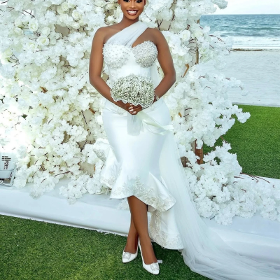 African Wedding Dresses Sweetheart Asoebi Wedding Bridal Gowns Beading Asymmetrical Tulle Applique Pleated Wedding Party Dress