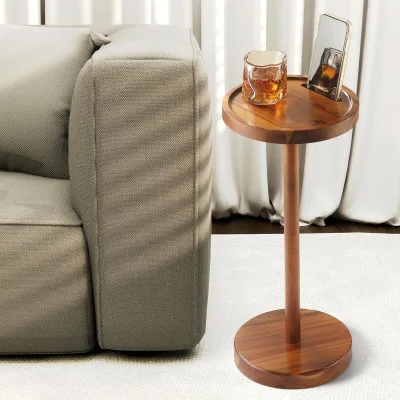 Acacia Wood Pedestal Side Table, Small Round Side Table With Phone Holder