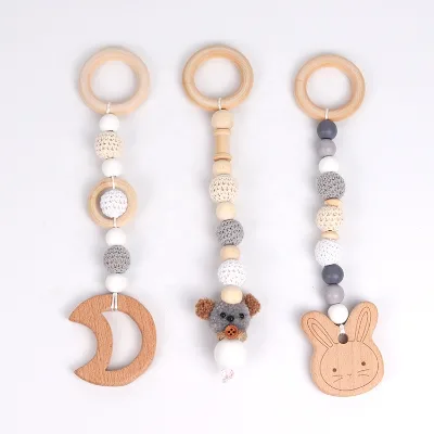 3 Pieces/set Rabbits Moon Shape Security Reliable Food Grade Natural Beech Wood Baby Stroller Chain Set