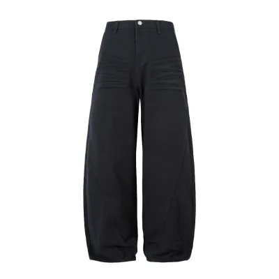 Custom Jeans Manufacturer Balloon Wide Leg Denim Pants for Men Whisker Faded Black Patch Pocket Vintage