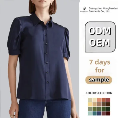 High Quality Custom Women Satin Blouse Washable Stretch Silk Puff Sleeve Elegant Blouse Women Shirt Tops Lady Office