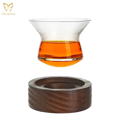 High End Crystal Glass Rotating Whiskey Tumbler Hand Made Whisky Shot Glass Brandy Snifter Spirits Glass and Wooden Base