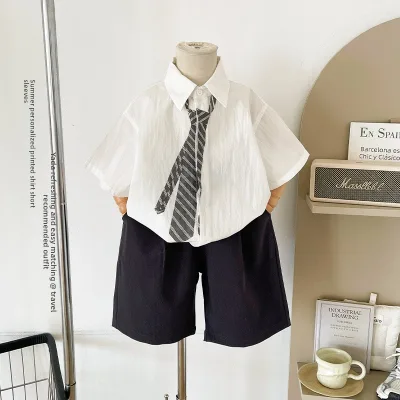 Valley Wind 2026 Summer New Academy Style Children's Printed Tie White Cotton Shirt Yuppie Sense Boys Short Sleeve