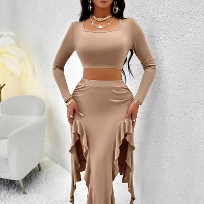 Autumn women's cross-border long sleeved top with ruffle edge skirt set for European and American cross-border women's clothing