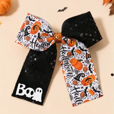 Halloween Hair Bow Large Sequins Pumpkin Witch Hat Bat Print Ribbon Hair Clips Boo Ghost for Women Girls Costume